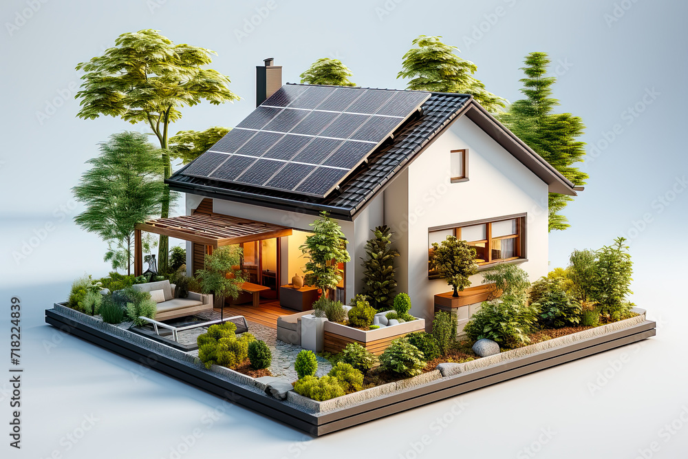 Haus mit Solarzellen auf dem Dach, freigestellt vor neutralem Hintergrund, Generative AI