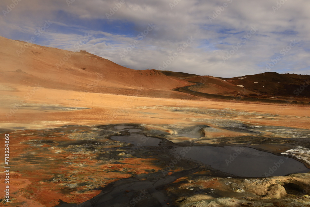 Hverarönd is a hydrothermal site in Iceland with hot springs, fumaroles, mud ponds and very active solfatares. It is located in the north of Iceland