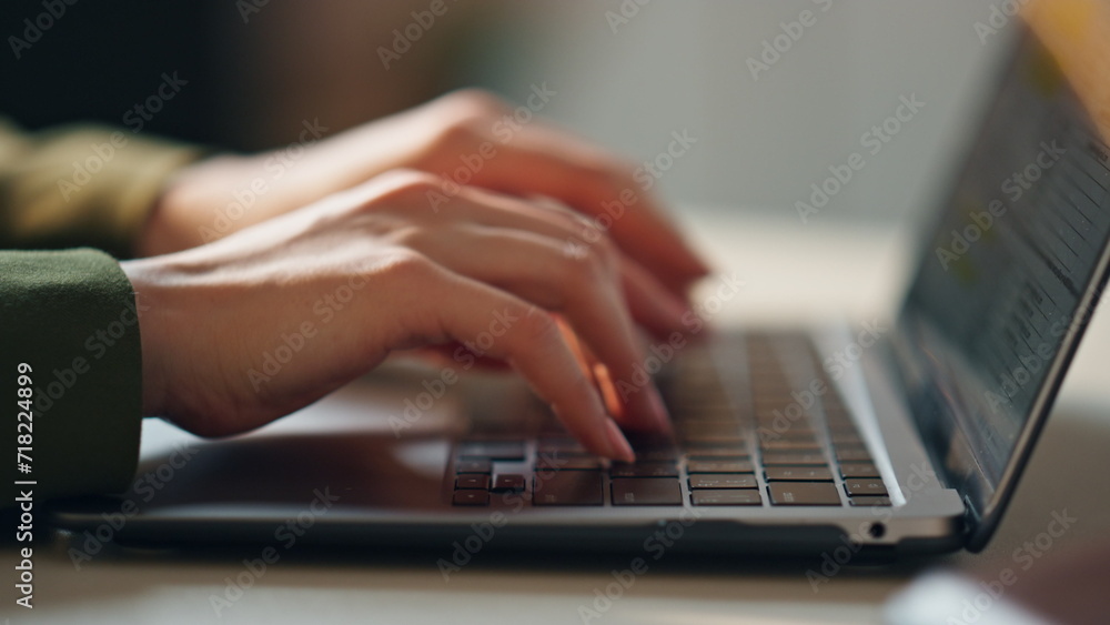 Woman hands texting laptop keyboard closeup. Unknown busy businesswoman emailing Woman hands texting laptop keyboard closeup. Unknown busy businesswoman emailing