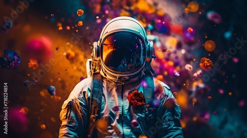 Vibrant astronaut in space suit surrounded by cosmic colors and orbs