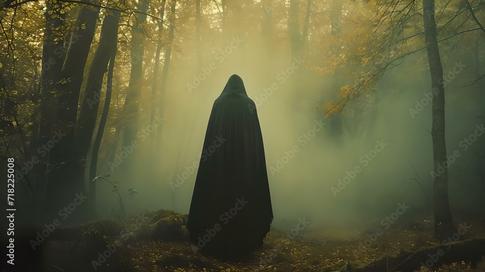 Mysterious cloaked figure standing in misty forest at dawn, a scene of enchantment Mysterious cloaked figure standing in misty forest at dawn, a scene of enchantment