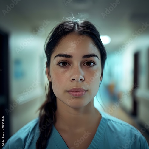Confident female healthcare professional standing in hospital corridor