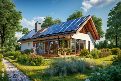 Modernes Einfamilienhaus, mit Solarzellen auf dem Dach, Generative AI