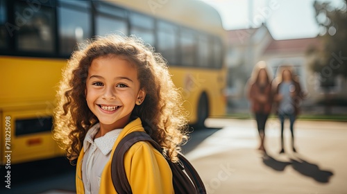 Smiling elementary student girl smiling and ready to board school bus. Back to school banner