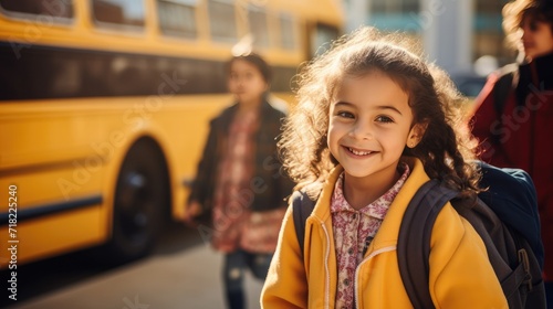 Smiling elementary student girl smiling and ready to board school bus. Back to school banner photo