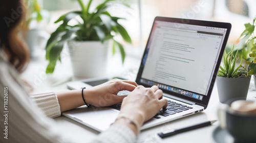 candidate thoughtfully typing a thank-you email on their laptop or tablet, possibly with a draft of the email visible on the screen
