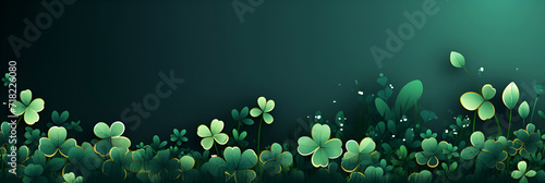 Card template with empty space for St. Patrick's Day with green four and clover on green background, with gold splashes for party invitation design. Banner.