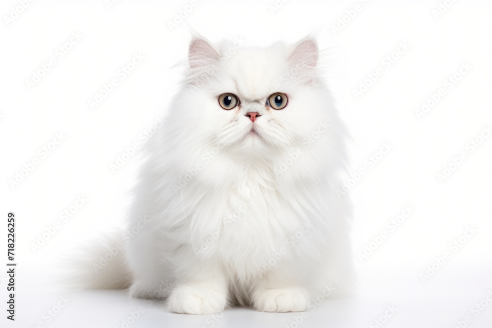 Adorable 8-Month-Old Persian Cat Sitting in Front View on White Background