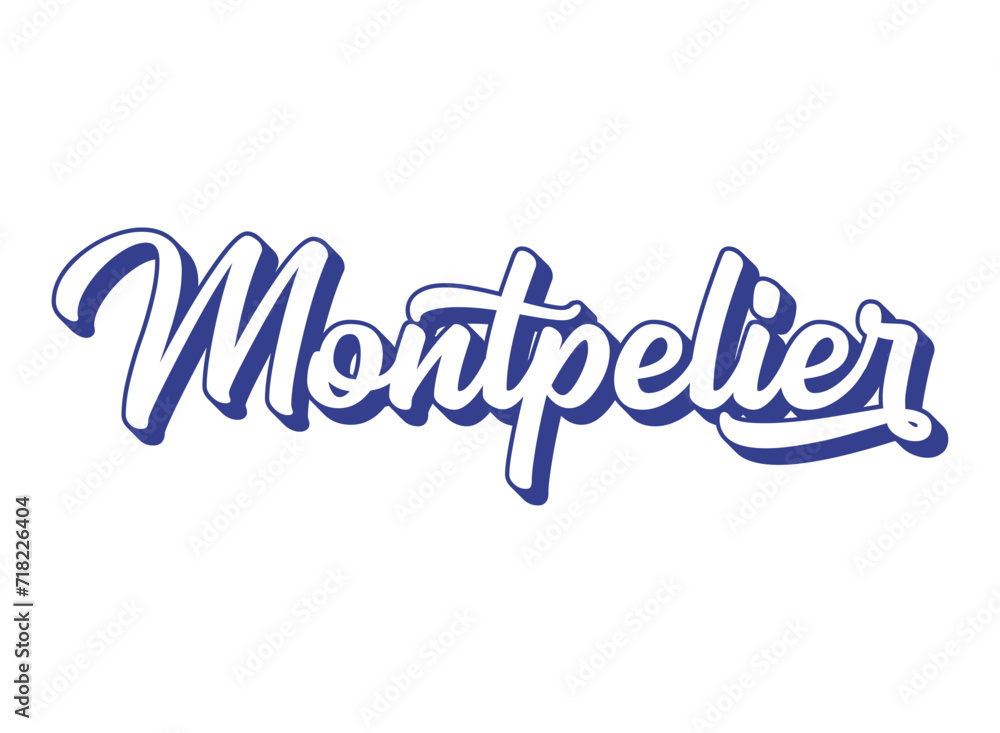 Handwritten word Montpelier. Name of State capital of Vermont. 3D vintage, retro lettering for poster, sticker, flyer, header, card, clothing Handwritten word Montpelier. Name of State capital of Vermont. 3D vintage, retro lettering for poster, sticker, flyer, header, card, clothing