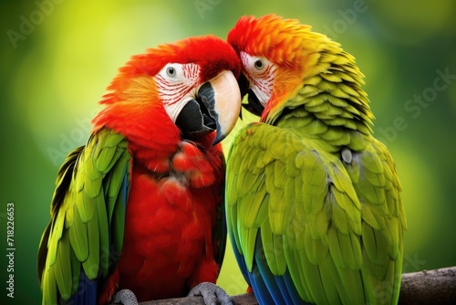 Romantic Love Bird. Colorful Parrot in Tropical Setting with Red Beak as Symbol of Pet Love © Serhii