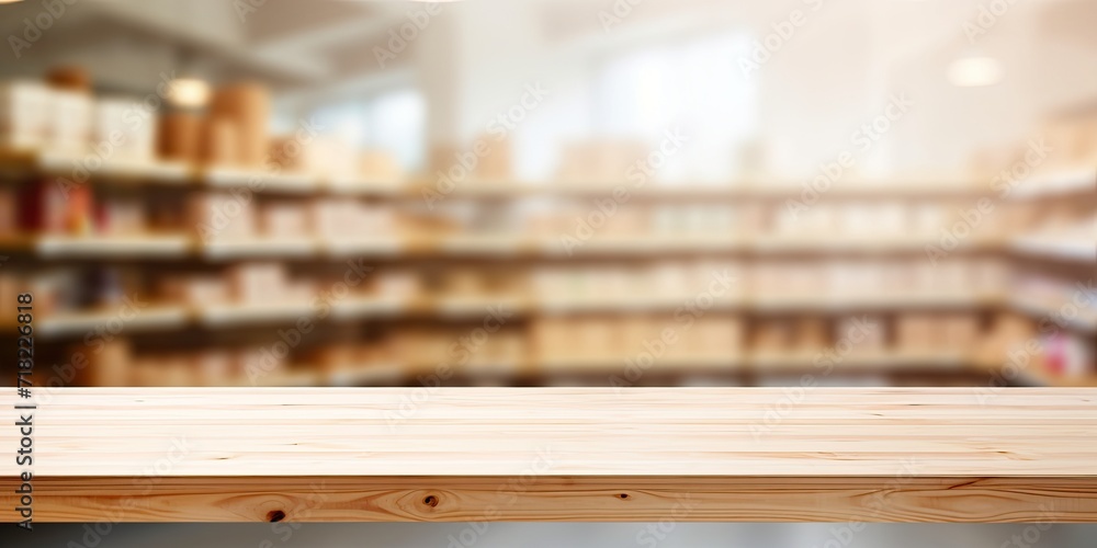 Unoccupied wooden table on supermarket shelf, blurry surroundings.