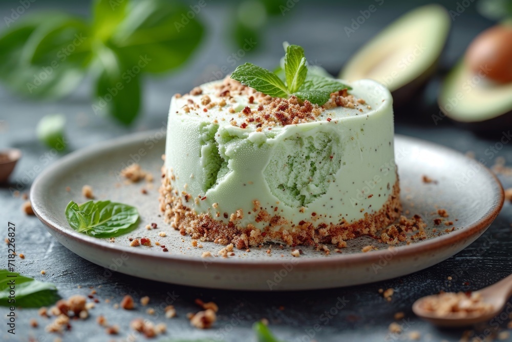 Homemade green ice cream with avocado on a plate decorated with greens