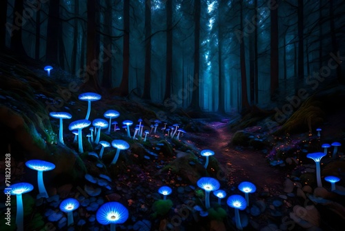 Bioluminous flowers with mushrooms nestled in a secluded, mystical garden photo