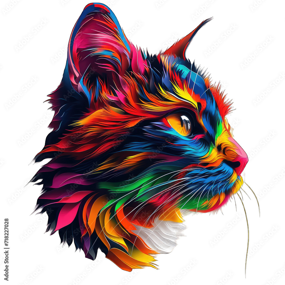 Fototapeta Multicolored 3d cat  head for t-shirt print design, tattoo and various uses on transparent or white background generative 