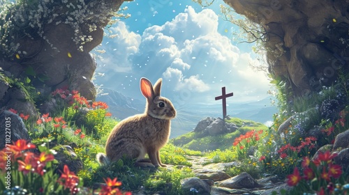 Easter Celebration: Digital Illustrations and Artwork for Easter Background with Bunny, Eggs, and Chocolate - AI Generated