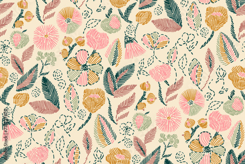 Floral blooming romantic feminine seamless pattern with imitation of satin stitch embroidery.