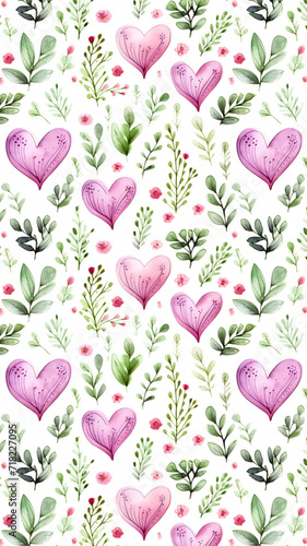 Watercolor Hearts and Botanical Background
