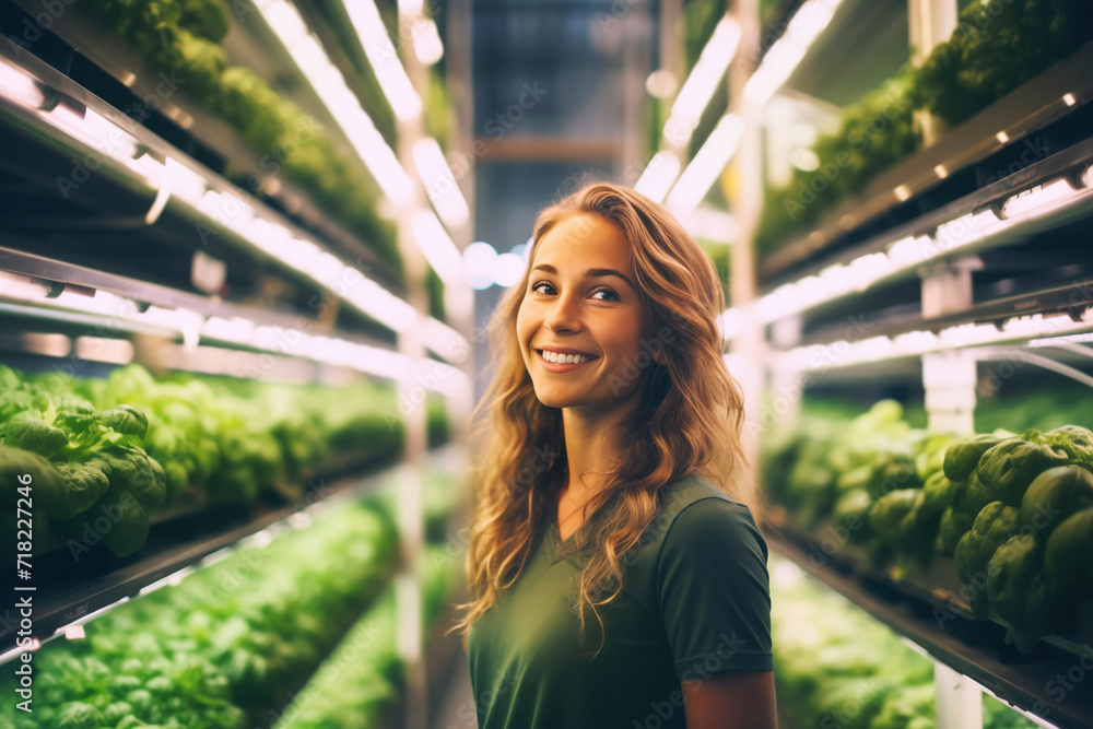 Fototapeta premium Focused female farm owner inspecting plants at an indoor vertical farm with hydroponic system