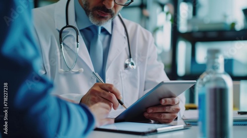 Wallpaper Mural A man in a lab coat is seen writing on a tablet. This image can be used to depict a scientist or researcher working in a laboratory setting Torontodigital.ca