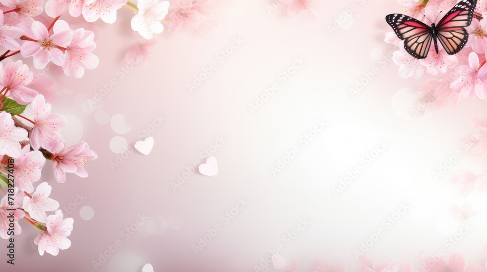 Spring banner background with pink blossom and flying butterfly Spring banner background with pink blossom and flying butterfly
