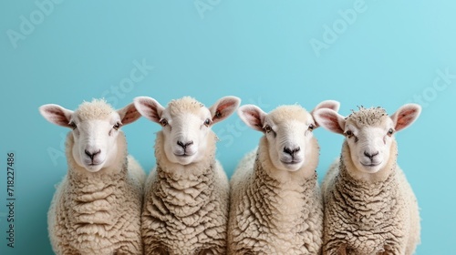 Funny Easter Greeting Card with Sheep in a Row on Blue Background - AI Generated