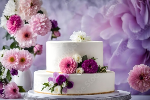 Closeup of white wedding cake with flowers on top. cake on the cake-shelf. white milk cream. cake decorated with pink and purple flowers