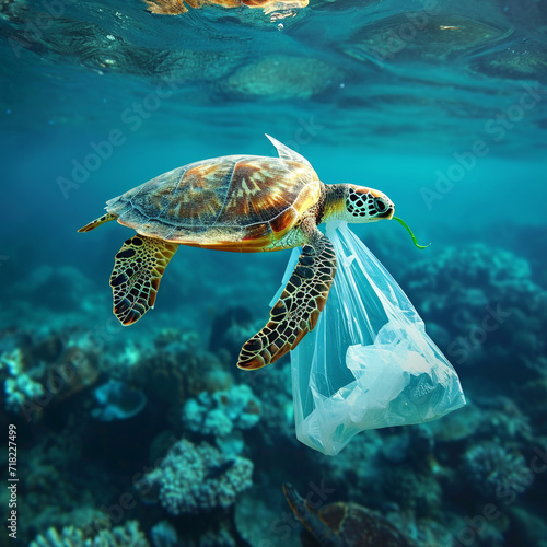 Turtles eat plastic bags in the sea  environmental problem in the world  and rare animals.
