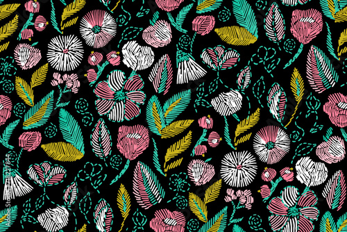 Floral blooming romantic feminine seamless pattern with imitation of satin stitch embroidery.