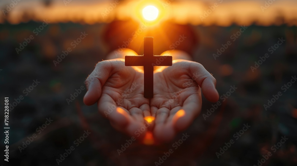 Hands holding a crucifix, a believer praying with his arms crossed, Jesus Christ, divine light from heaven - obrazy, fototapety, plakaty 