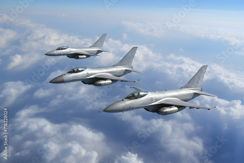 Modern stealth fighter plane. Flight in formation, flyby and landing, take off bombing, dog fight, firing missile. photo