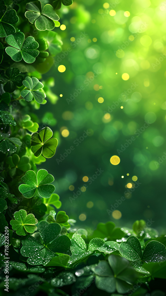 Card template with empty space for St. Patrick's Day with green four and clover on green background, with gold splashes for party invitation design. Card template with empty space for St. Patrick's Day with green four and clover on green background, with gold splashes for party invitation design.