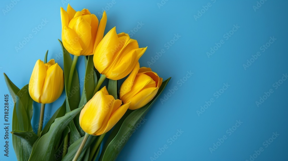 Yellow Tulips Bouquet on Blue Background - Bright and Vibrant Floral Arrangement
