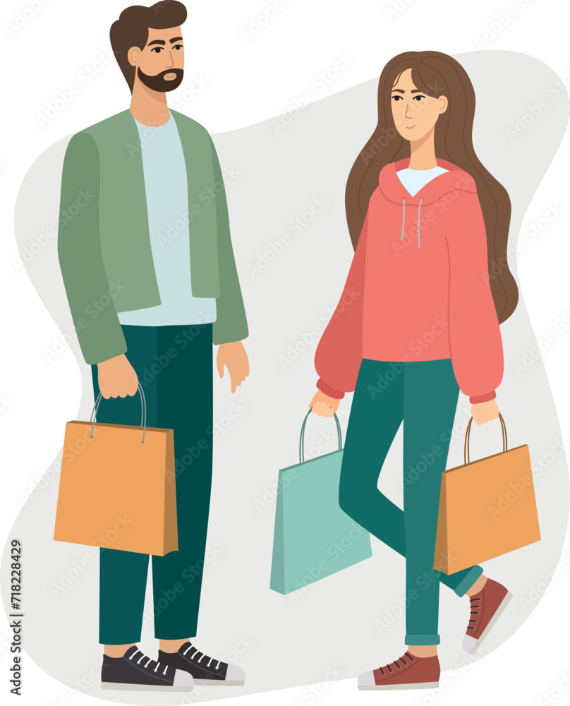 Vector illustration of young man an woman carrying shopping bags. Flat shopping concept