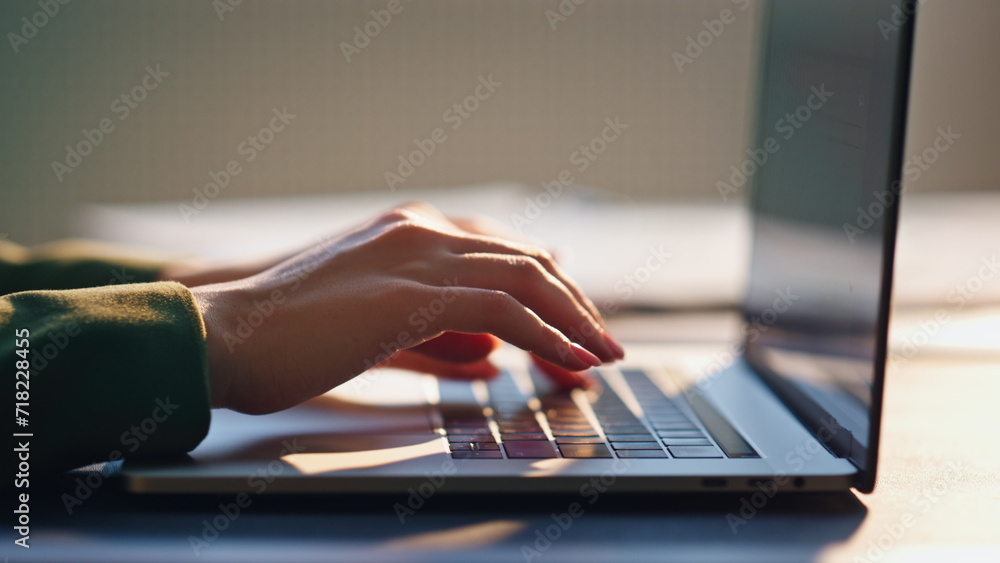 Woman hands typing keyboard laptop close up. Girl freelancer working on notebook - obrazy, fototapety, plakaty 