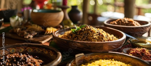 A sumptuous spread of rice with dark pigeon peas is beautifully presented on the table, enticing the diners with its rich colors and fragrant aroma. photo