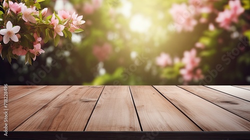 Spring hardwood flooring background with Empty wooden table. Banner background with copy space