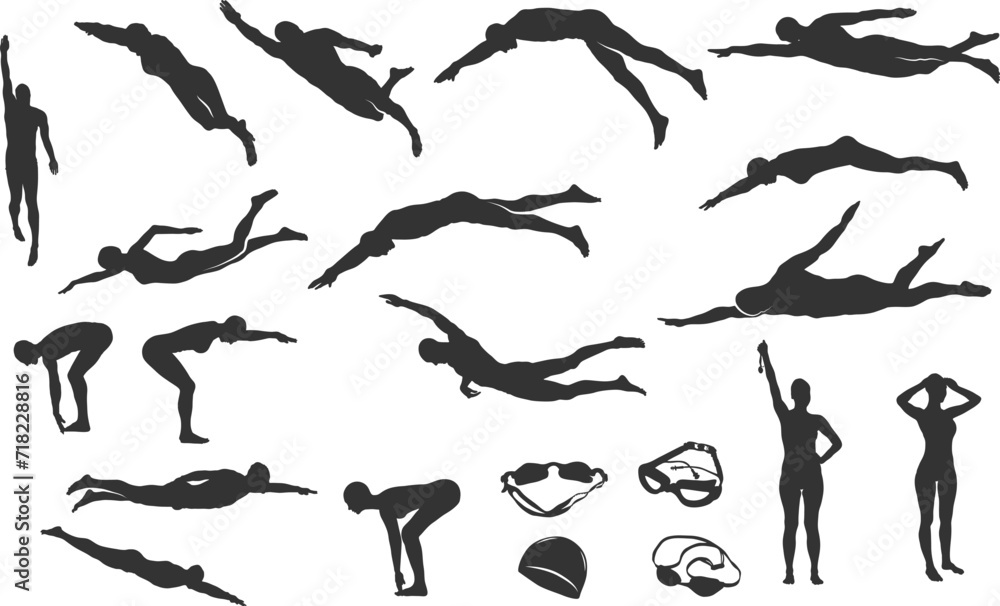 Swimming silhouettes, Swimmer silhouette, Woman swimming silhouette