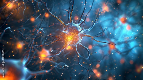 Detailed Visualization of a Neuron Cell in the Human Brain With Synaptic Activity © Viktoriia