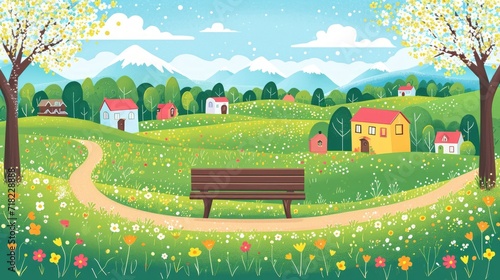 Spring Landscape with Bench, Houses, Fields, and Nature - AI Generated