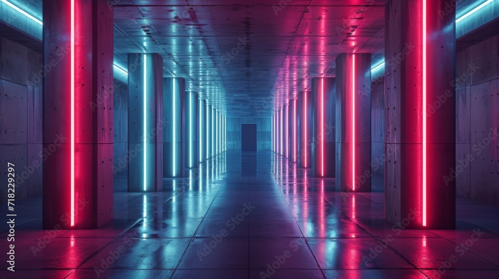Long Hallway Illuminated by Red and Blue Lights