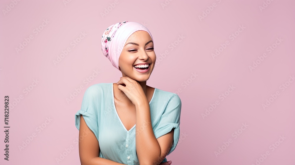 Studio portrait of a happy cancer patient against a pastel background. close up Middle-aged woman with cancer Studio portrait of a happy cancer patient against a pastel background. close up Middle-aged woman with cancer