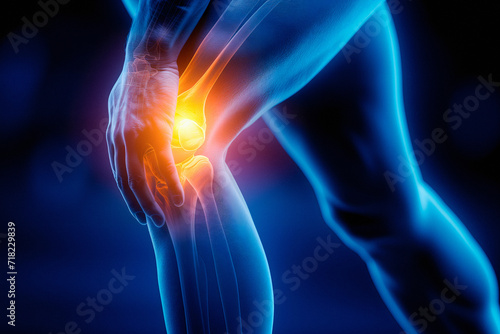 X-ray Anatomy Of Knee Joint And Human Leg. Joint Pain, Arthritis And Tendon Problems. A Man Touching Knee At Pain Point