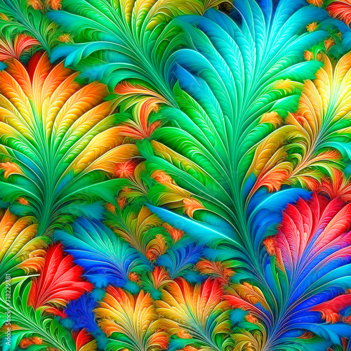 An abstract background made of colorful decorative leaves of a tropical fern