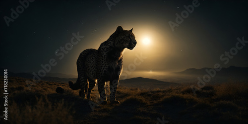 A black cheetah, cloaked in night's velvet, steals across the savannah. Its spotted coat, dusted with stardust, shimmers under the celestial gaze.  © Hidden Eye