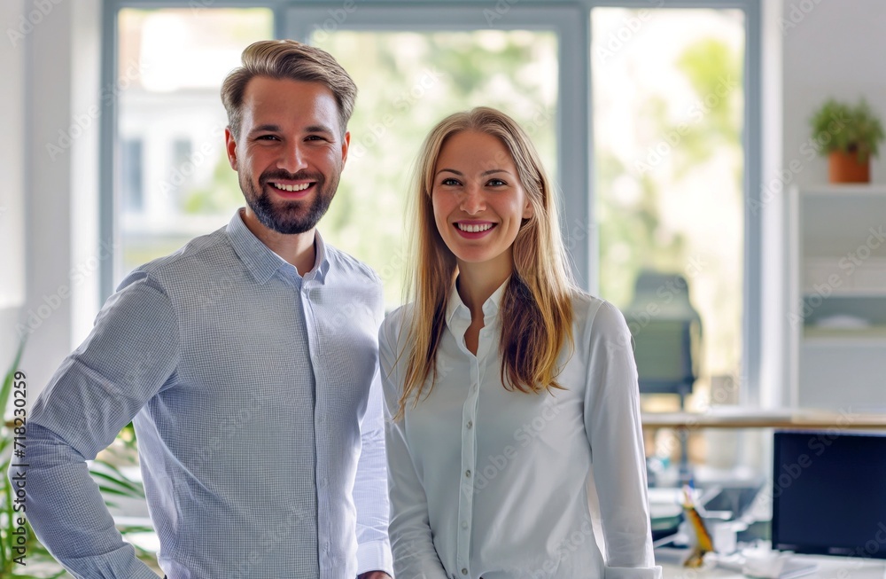 Male and female business couple posing smiling at their business office looking at the camera Male and female business couple posing smiling at their business office looking at the camera