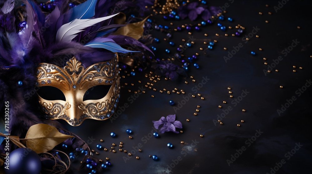 Élégant masque vénitien, avec des éléments décoratifs, violet et doré. Matière, beauté, carnaval. Venise. Pour conception et création graphique.