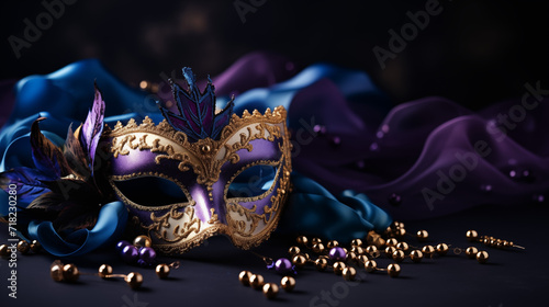 Élégant masque vénitien, avec des éléments décoratifs, violet et doré. Matière, beauté, carnaval. Venise. Pour conception et création graphique.