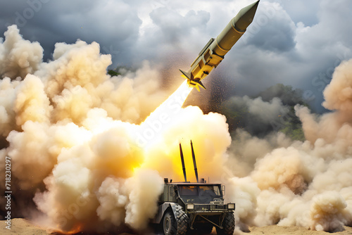 The rocket takes off into the sky behind clouds, gas jets from a jet engine.