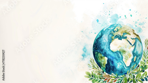 Earth Day celebration concept. Planet Earth in watercolor doodle style. White background and space for text. Support for environmental protection.