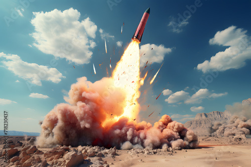 The rocket takes off into the sky behind clouds, gas jets from a jet engine.